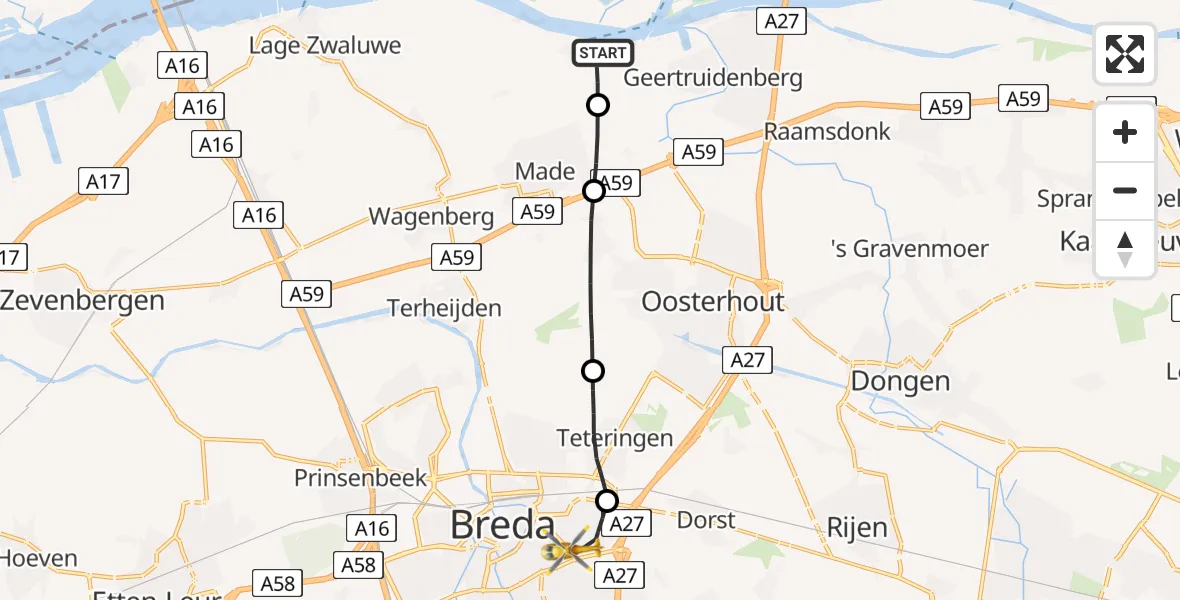 Vluchtroute Traumahelikopter Drimmelen - Breda, 16 mei 2026, 14:16