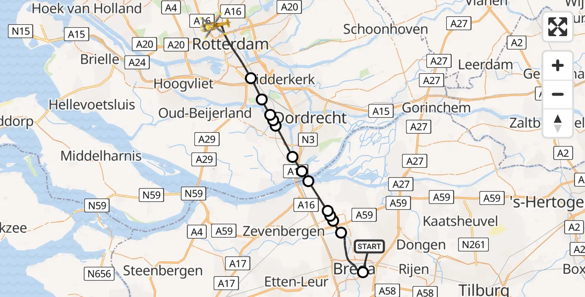 Vluchtroute Traumahelikopter Teteringen - Rotterdam, 16 mei 2026, 14:54