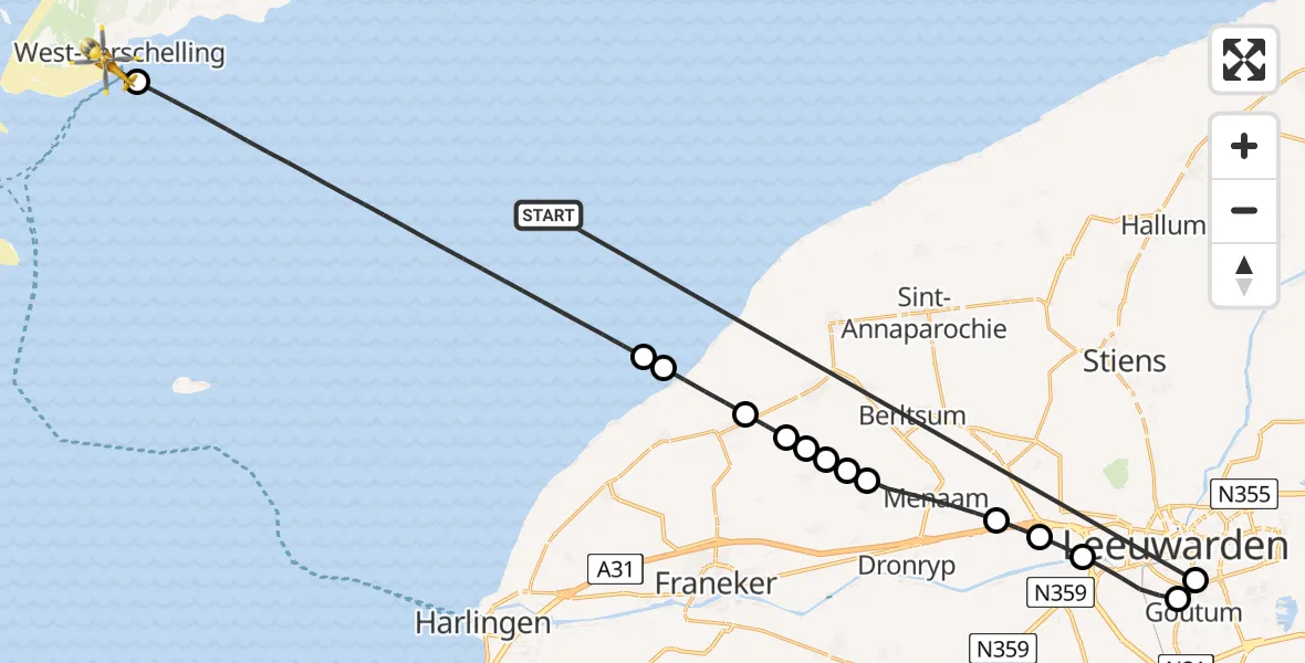 Vluchtroute Ambulancehelikopter Waddenzee - West-Terschelling, 16 mei 2026, 15:00