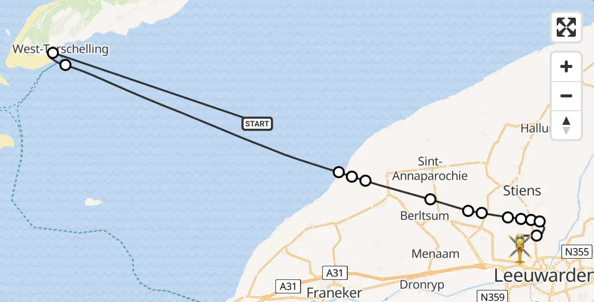 Vluchtroute Ambulancehelikopter Waddenzee - Vliegbasis Leeuwarden, 16 mei 2026, 15:19