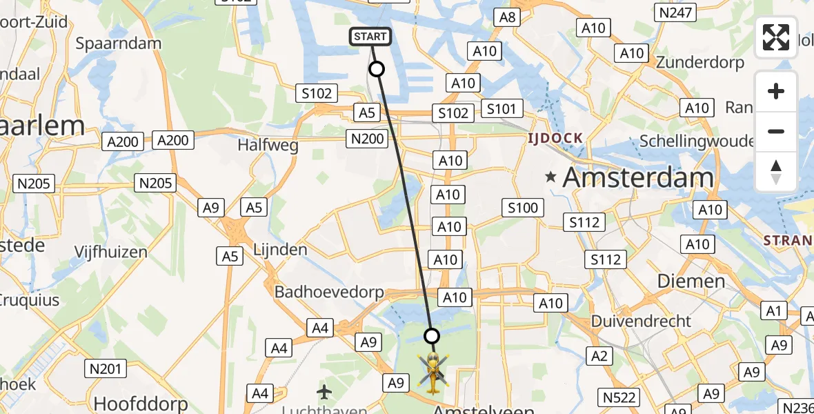 Vluchtroute Traumahelikopter Amsterdam Heliport - Amstelveen, 16 mei 2026, 15:35