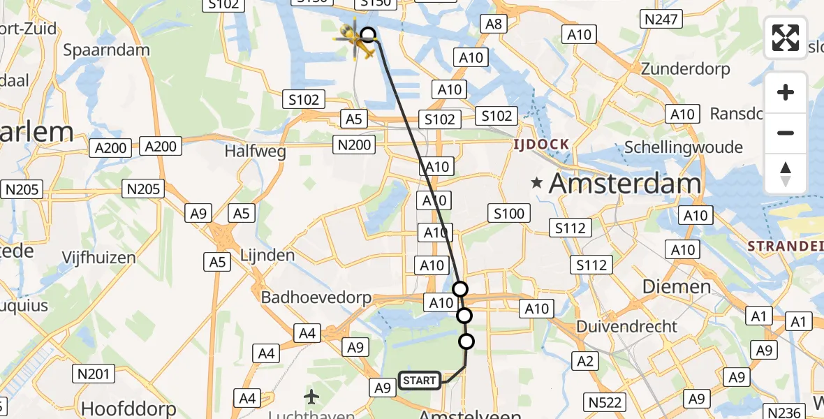 Vluchtroute Traumahelikopter Amstelveen - Amsterdam Heliport, 16 mei 2026, 15:52