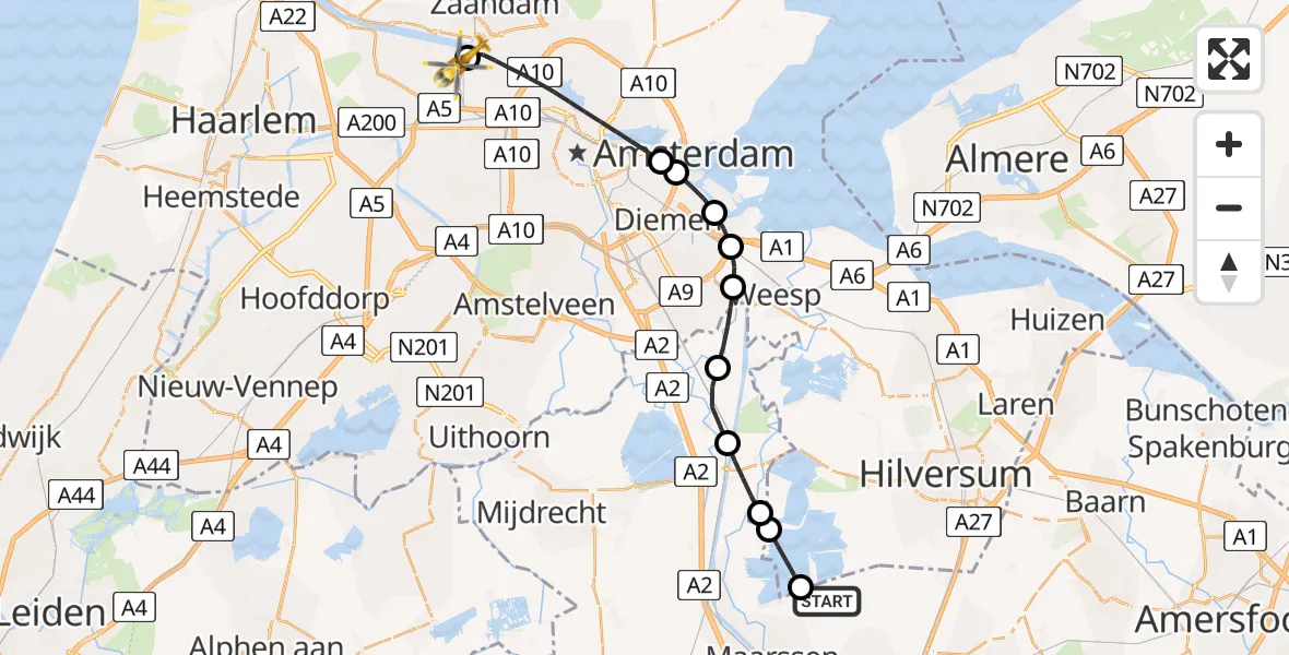Vluchtroute Traumahelikopter Tienhoven - Amsterdam Heliport, 16 mei 2026, 16:22