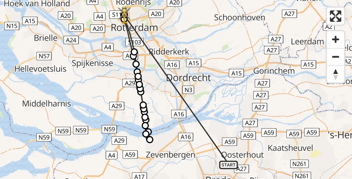 Vluchtroute Traumahelikopter Teteringen - Rotterdam The Hague Airport, 16 mei 2026, 16:33