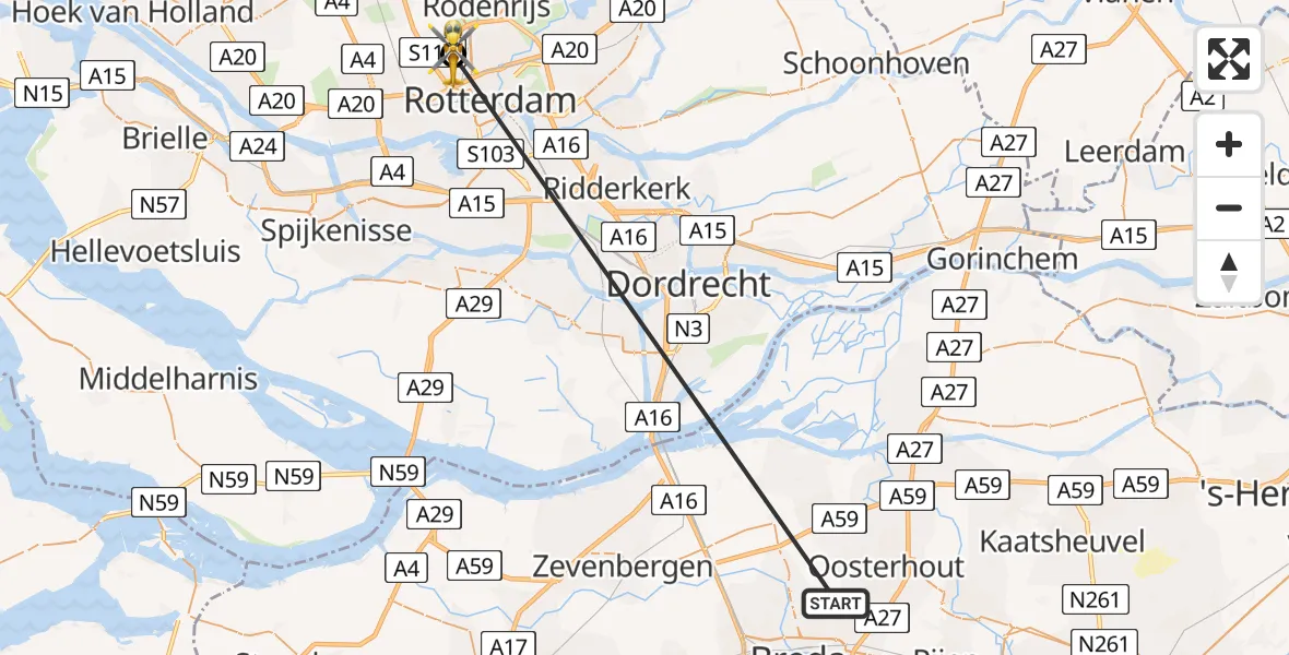 Vluchtroute Traumahelikopter Teteringen - Rotterdam The Hague Airport, 16 mei 2026, 17:01