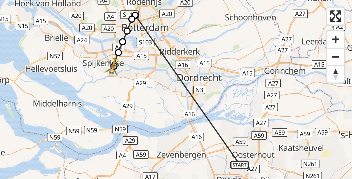 Vluchtroute Traumahelikopter Teteringen - Spijkenisse, 16 mei 2026, 18:38