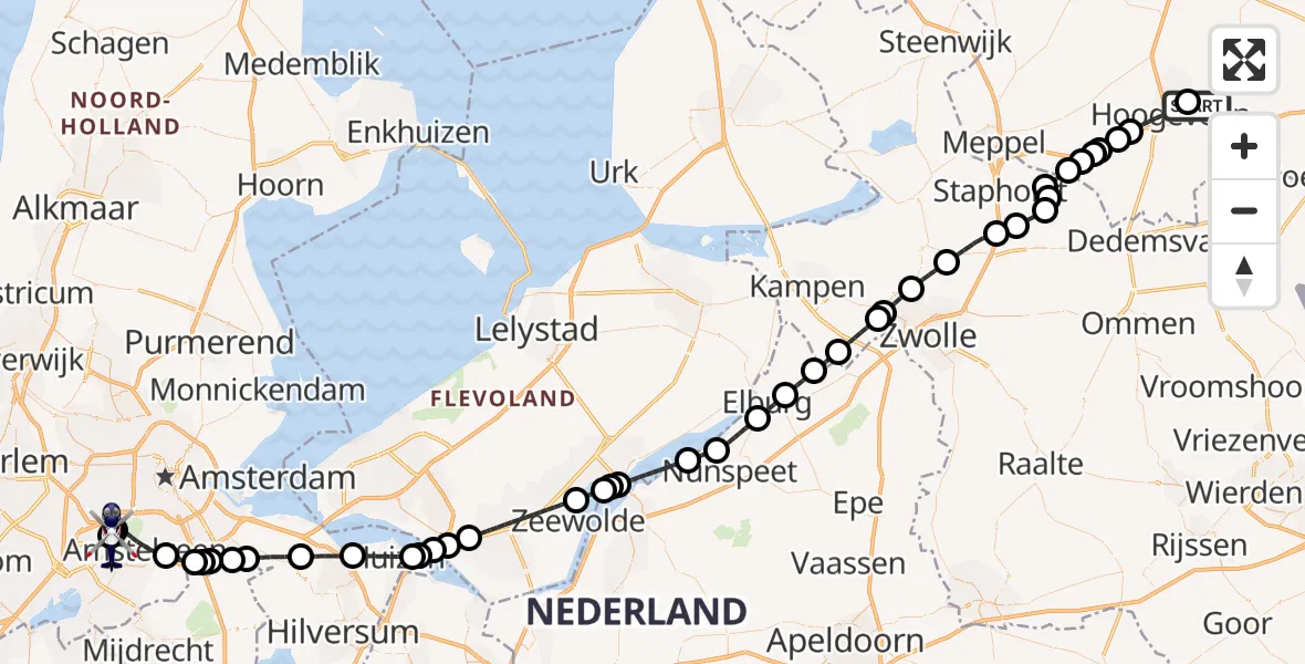 Vluchtroute Politiehelikopter Vliegveld Hoogeveen - Amsterdam Vliegveld Schiphol, 16 mei 2026, 19:19