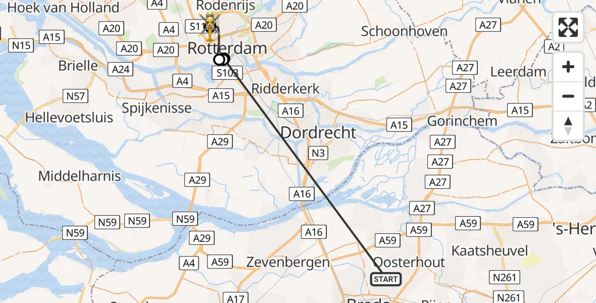 Vluchtroute Traumahelikopter Teteringen - Rotterdam The Hague Airport, 16 mei 2026, 19:33