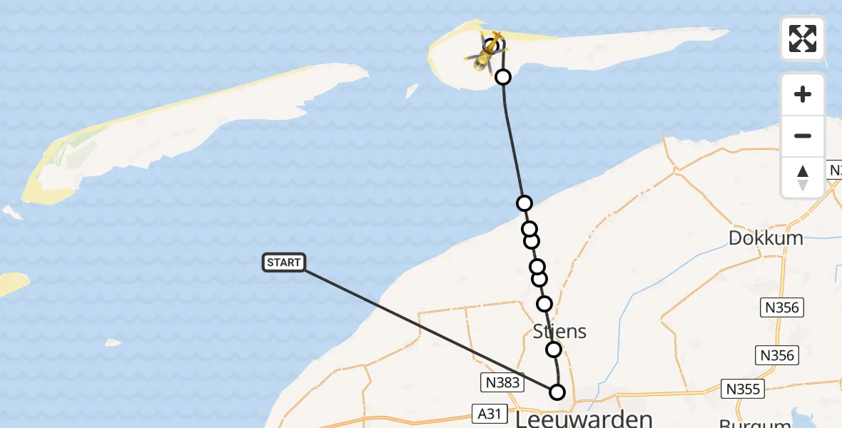 Vluchtroute Ambulancehelikopter Waddenzee - Ameland Vliegveld Ballum, 16 mei 2026, 20:07