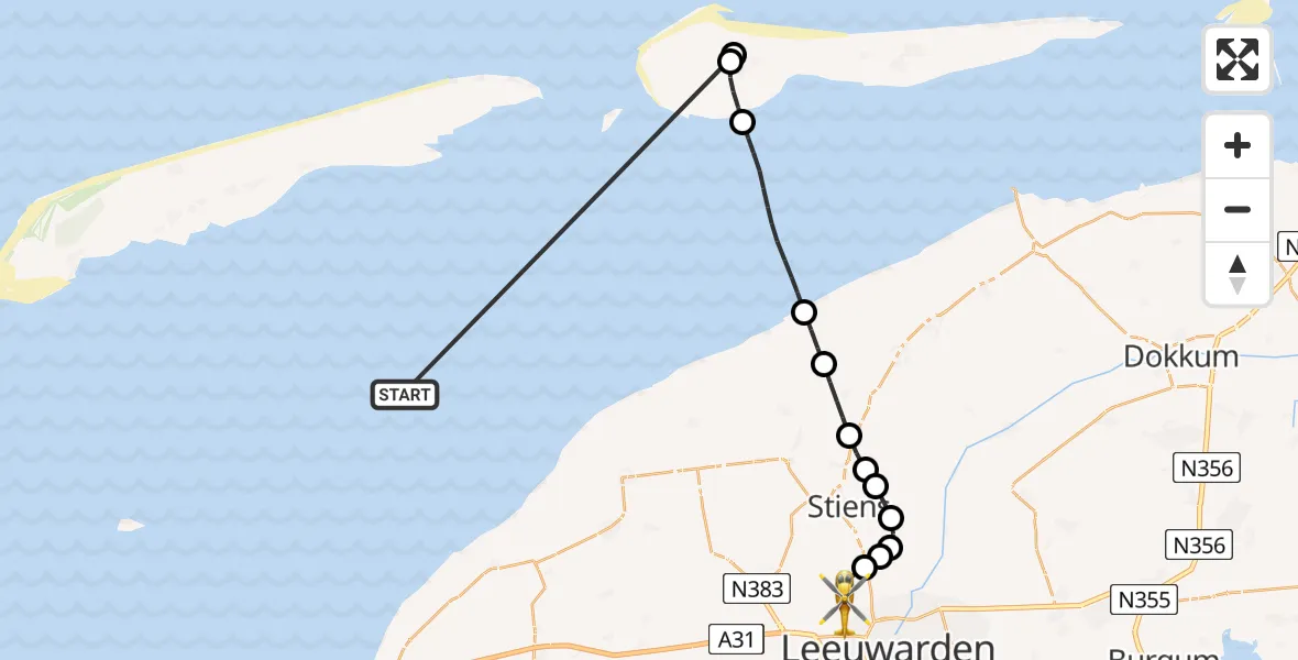 Vluchtroute Ambulancehelikopter Waddenzee - Vliegbasis Leeuwarden, 16 mei 2026, 20:44