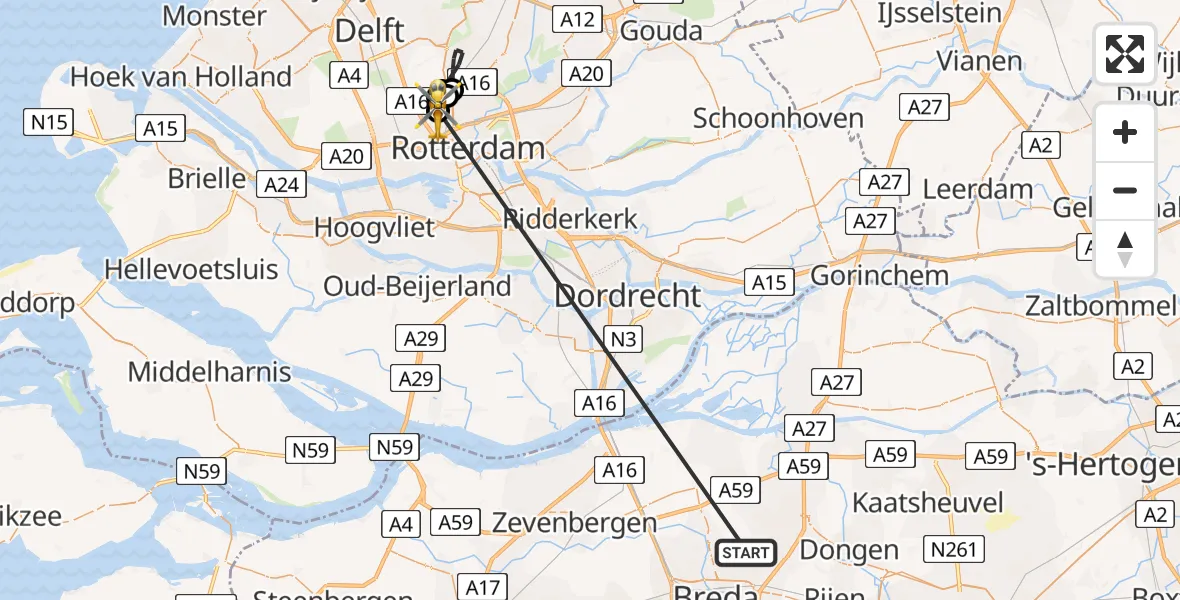 Vluchtroute Traumahelikopter Teteringen - Rotterdam The Hague Airport, 16 mei 2026, 21:05