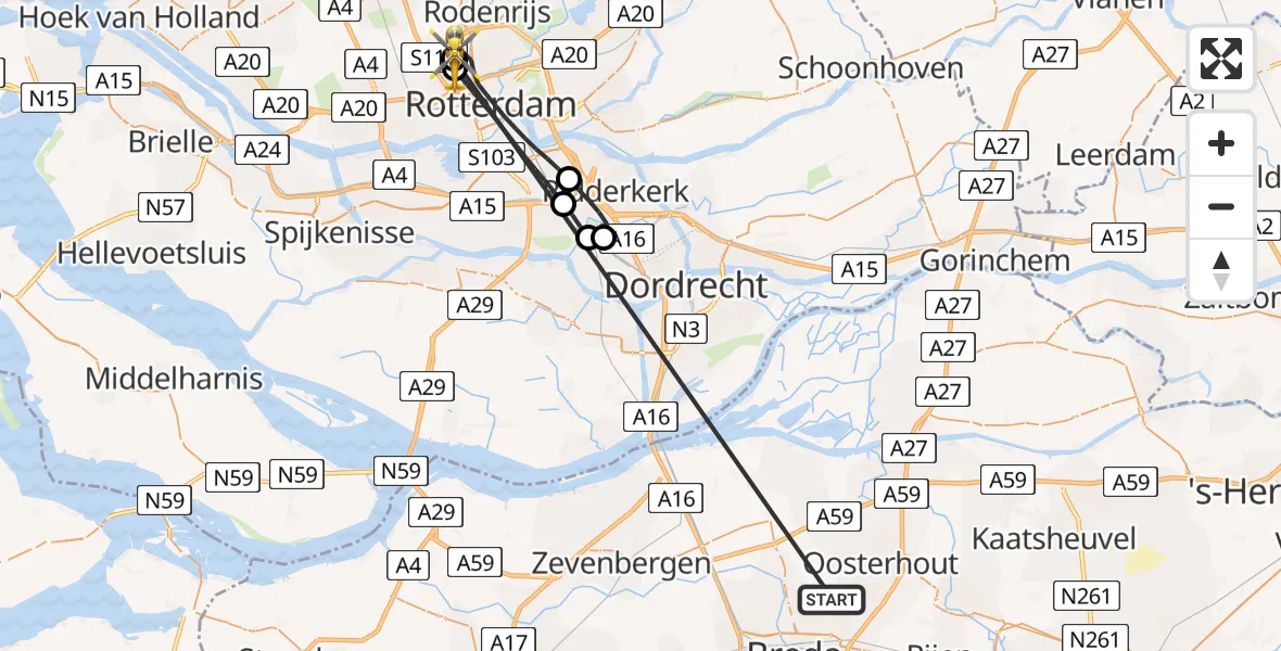 Vluchtroute Traumahelikopter Teteringen - Rotterdam The Hague Airport, 16 mei 2026, 21:14