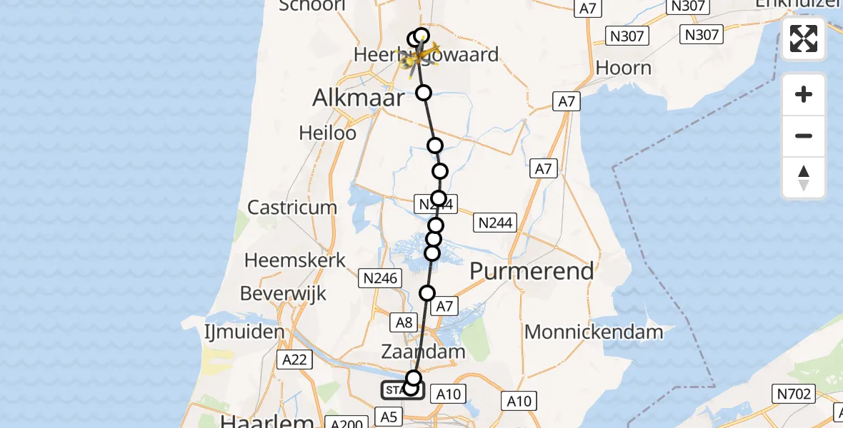Vluchtroute Traumahelikopter Amsterdam Heliport - Heerhugowaard, 16 mei 2026, 21:25