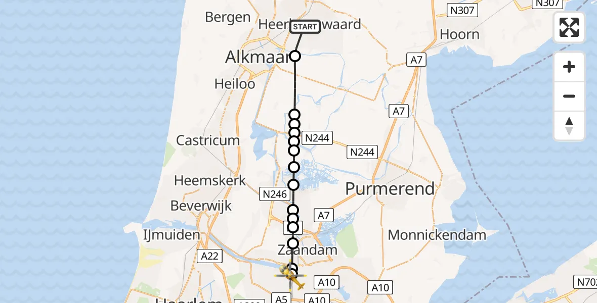 Vluchtroute Traumahelikopter Heerhugowaard - Amsterdam Heliport, 16 mei 2026, 21:52