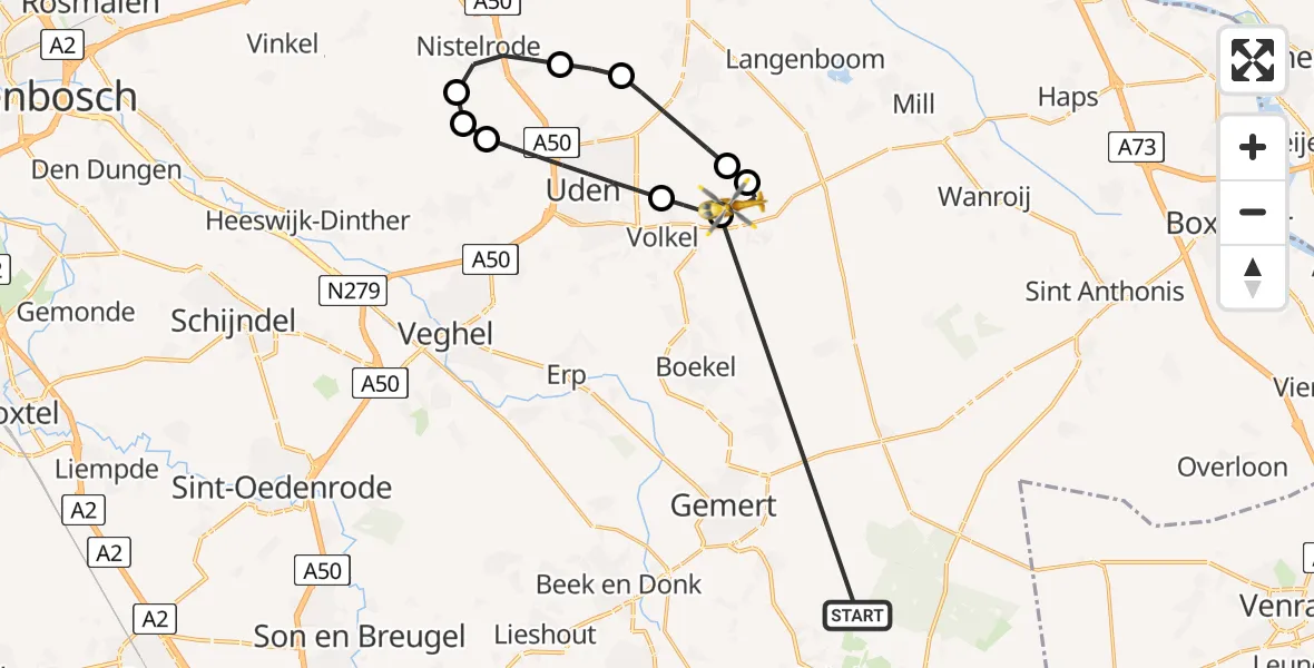 Vluchtroute Traumahelikopter Bakel - Vliegbasis Volkel, 16 mei 2026, 22:27