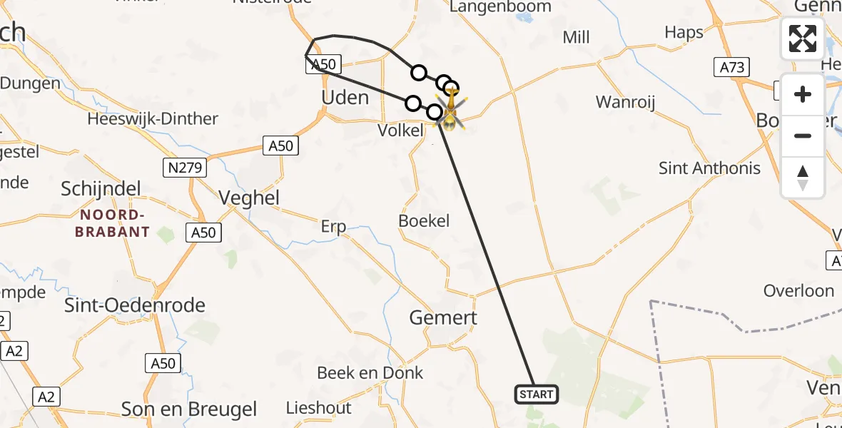 Vluchtroute Traumahelikopter Bakel - Vliegbasis Volkel, 17 mei 2026, 07:09