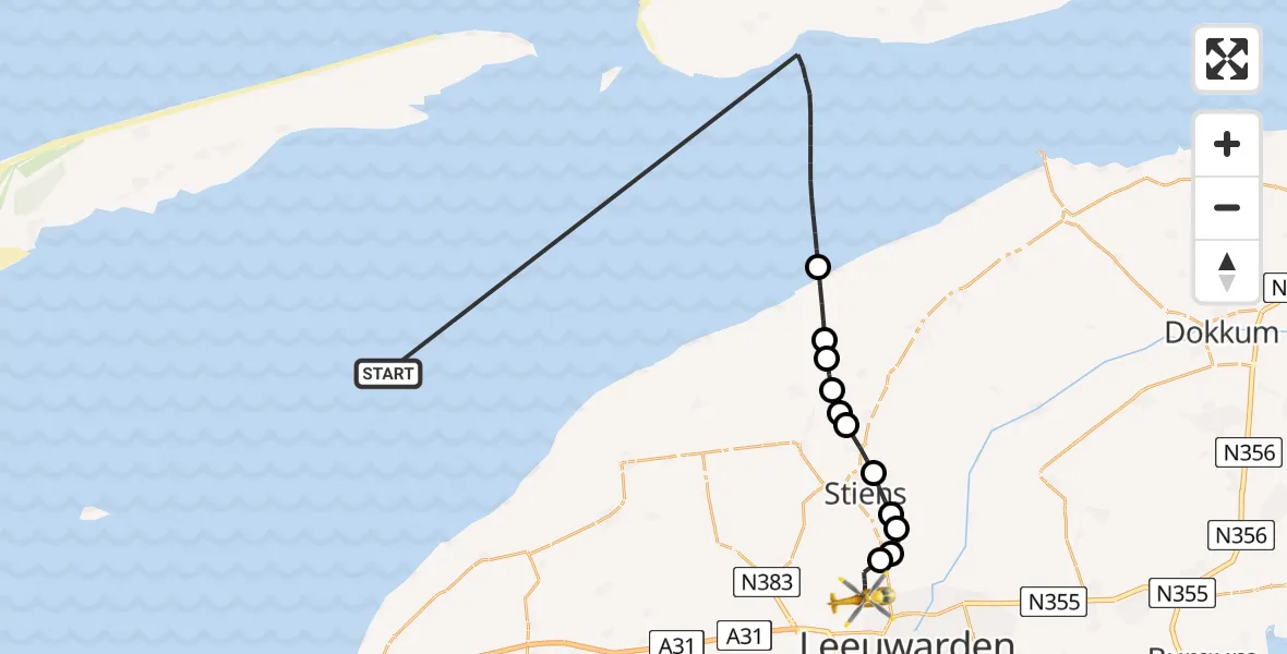 Vluchtroute Ambulancehelikopter Waddenzee - Vliegbasis Leeuwarden, 17 mei 2026, 07:16