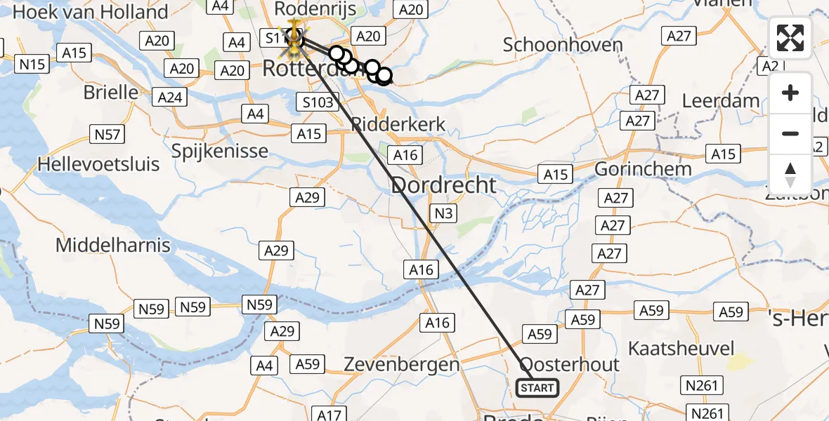 Vluchtroute Traumahelikopter Teteringen - Rotterdam The Hague Airport, 17 mei 2026, 08:14