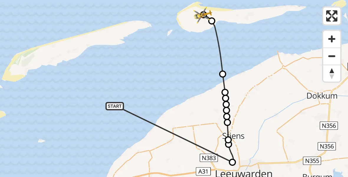 Vluchtroute Ambulancehelikopter Waddenzee - Ameland Vliegveld Ballum, 17 mei 2026, 08:53