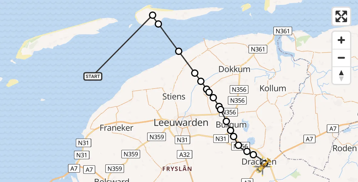 Vluchtroute Ambulancehelikopter Waddenzee - Nij Smellinghe Hospital Heliport, 17 mei 2026, 09:18