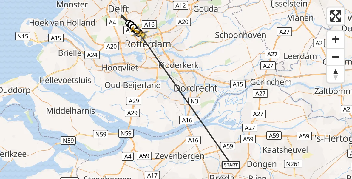 Vluchtroute Traumahelikopter Teteringen - Rotterdam The Hague Airport, 17 mei 2026, 09:51