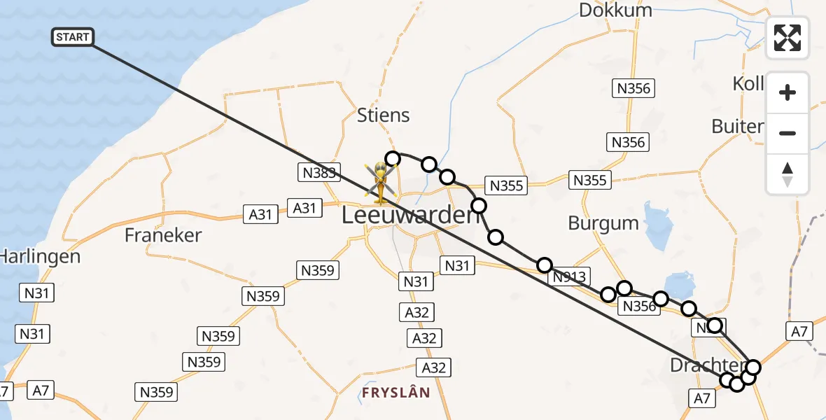 Vluchtroute Ambulancehelikopter Waddenzee - Vliegbasis Leeuwarden, 17 mei 2026, 10:07