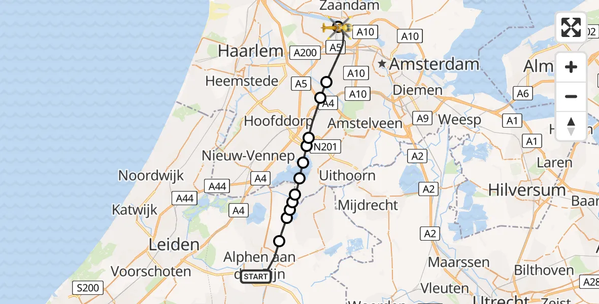 Vluchtroute Traumahelikopter Alphen aan den Rijn - Amsterdam Heliport, 17 mei 2026, 10:23