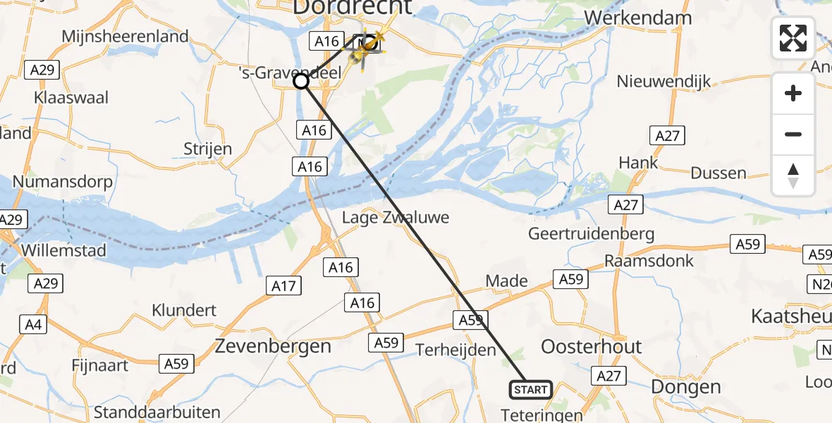 Vluchtroute Traumahelikopter Teteringen - Albert Schweitzer Hospital Dordrecht Heliport, 17 mei 2026, 11:53