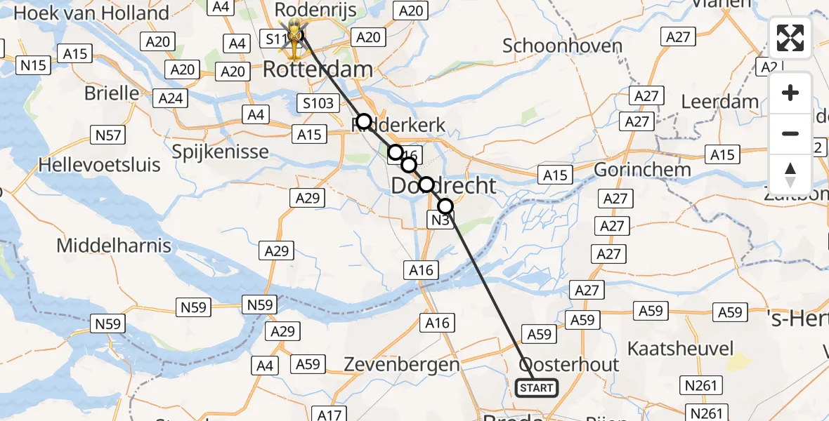 Vluchtroute Traumahelikopter Teteringen - Rotterdam The Hague Airport, 17 mei 2026, 12:15