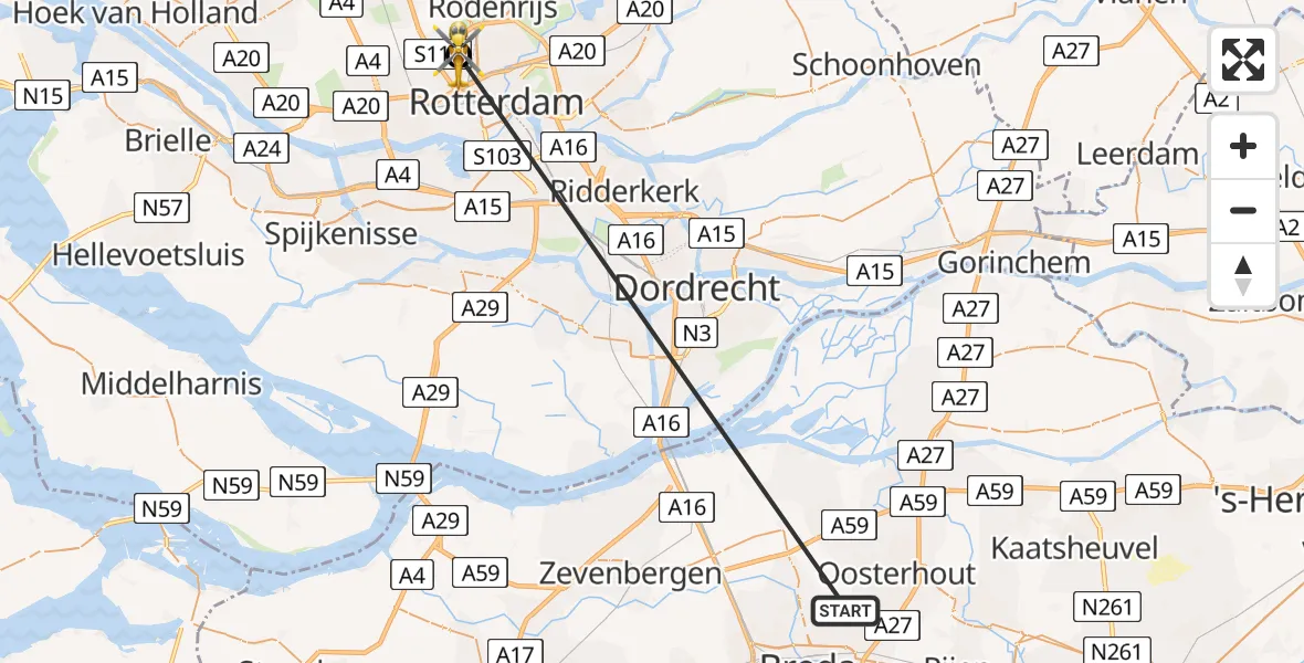 Vluchtroute Traumahelikopter Teteringen - Rotterdam The Hague Airport, 17 mei 2026, 13:16