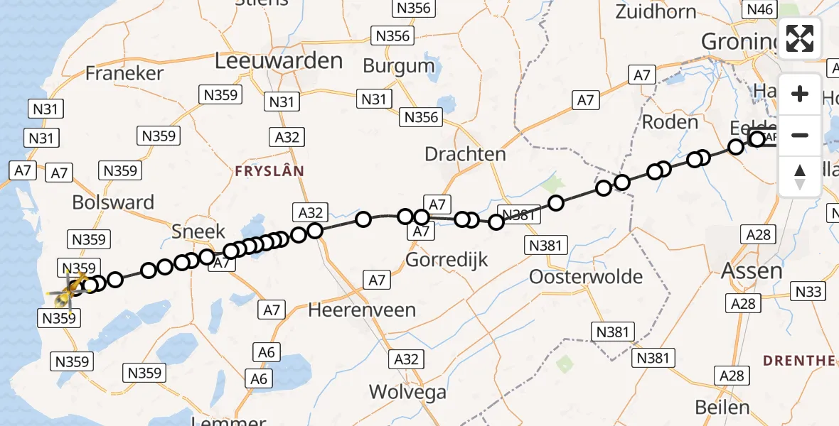 Vluchtroute Traumahelikopter Groningen Airport Eelde - Workum, 17 mei 2026, 16:46