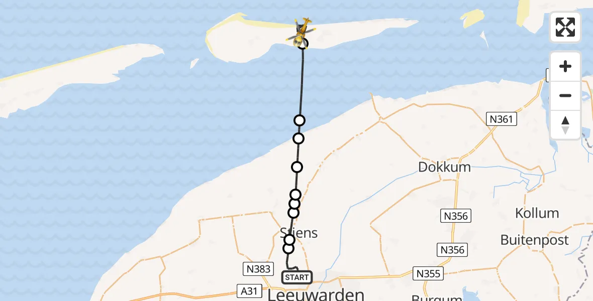 Vluchtroute Ambulancehelikopter Vliegbasis Leeuwarden - Nes, 17 mei 2026, 17:55