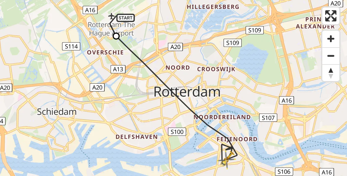 Vluchtroute Traumahelikopter Rotterdam The Hague Airport - Rotterdam, 17 mei 2026, 19:11