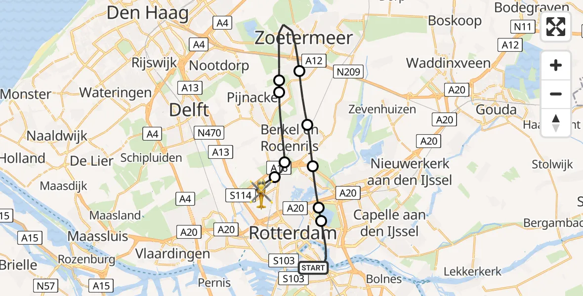 Vluchtroute Traumahelikopter Rotterdam - Rotterdam The Hague Airport, 17 mei 2026, 19:35