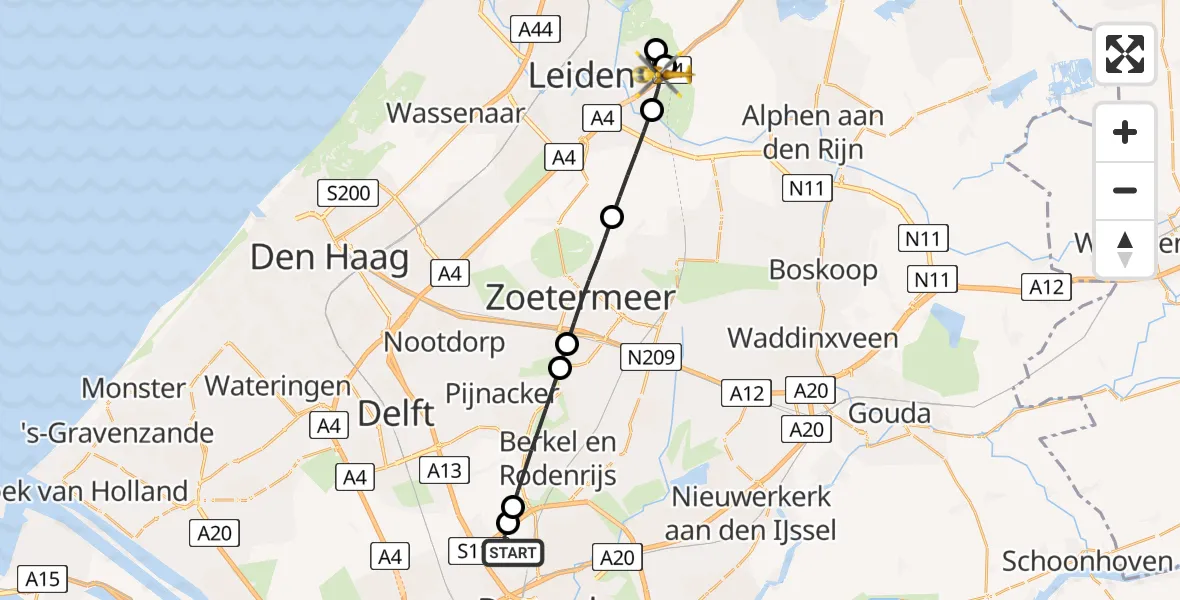 Vluchtroute Traumahelikopter Rotterdam The Hague Airport - Leiderdorp, 17 mei 2026, 19:58