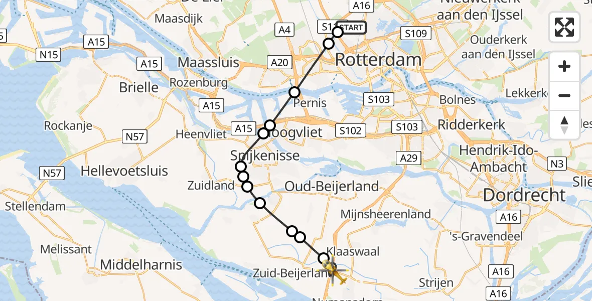 Vluchtroute Traumahelikopter Rotterdam The Hague Airport - Numansdorp, 18 mei 2026, 02:47