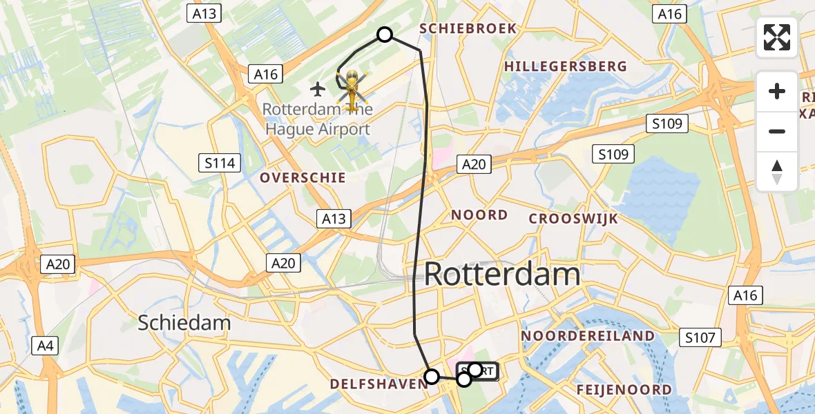 Vluchtroute Traumahelikopter Leids Universitair Medisch Centrum (LUMC) - Rotterdam The Hague Airport, 18 mei 2026, 03:43