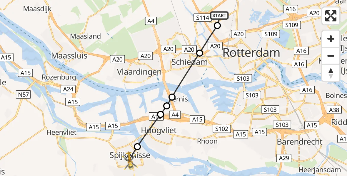 Vluchtroute Traumahelikopter Rotterdam The Hague Airport - Spijkenisse, 18 mei 2026, 04:54