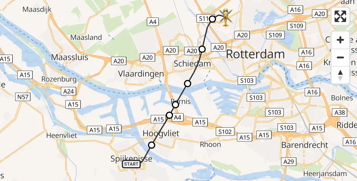 Vluchtroute Traumahelikopter Spijkenisse - Rotterdam The Hague Airport, 18 mei 2026, 05:14