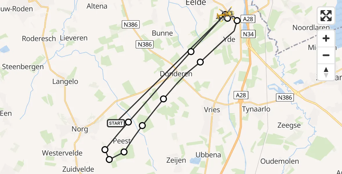 Vluchtroute Traumahelikopter Norg - Groningen Airport Eelde, 18 mei 2026, 06:57