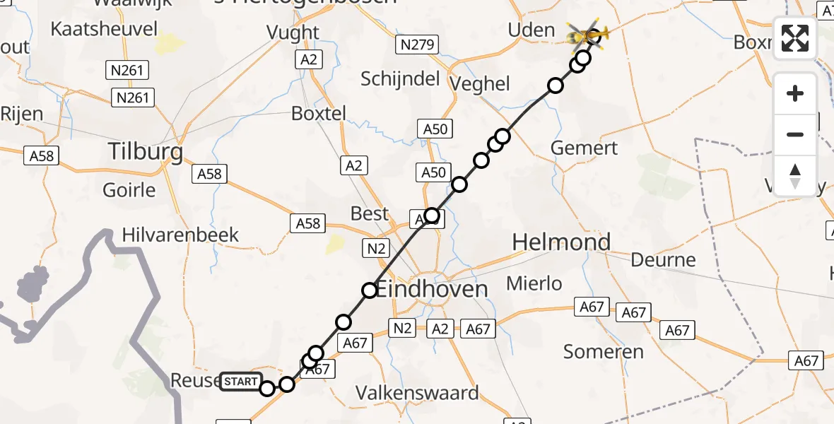 Vluchtroute Traumahelikopter Bladel - Vliegbasis Volkel, 18 mei 2026, 07:19