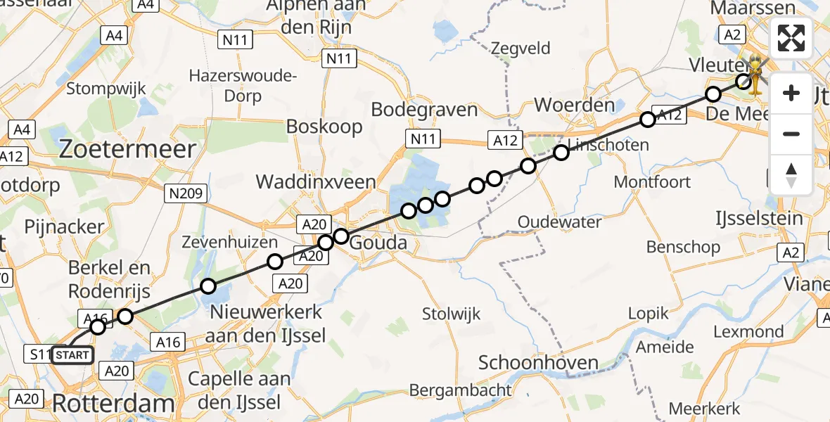 Vluchtroute Traumahelikopter Rotterdam The Hague Airport - Utrecht, 18 mei 2026, 07:20