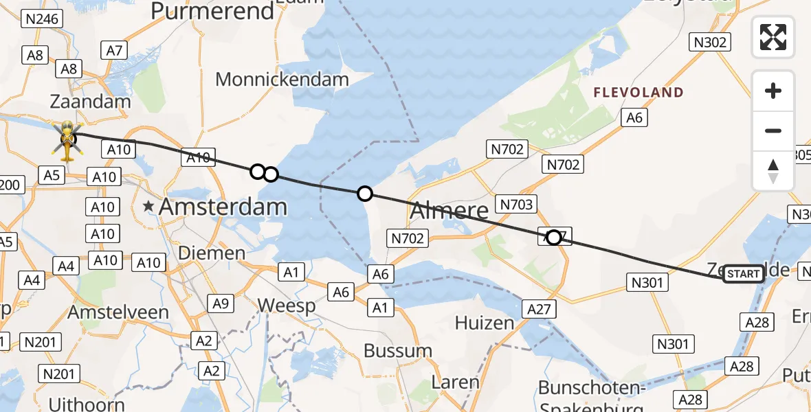 Vluchtroute Traumahelikopter Zeewolde - Amsterdam Heliport, 18 mei 2026, 07:25