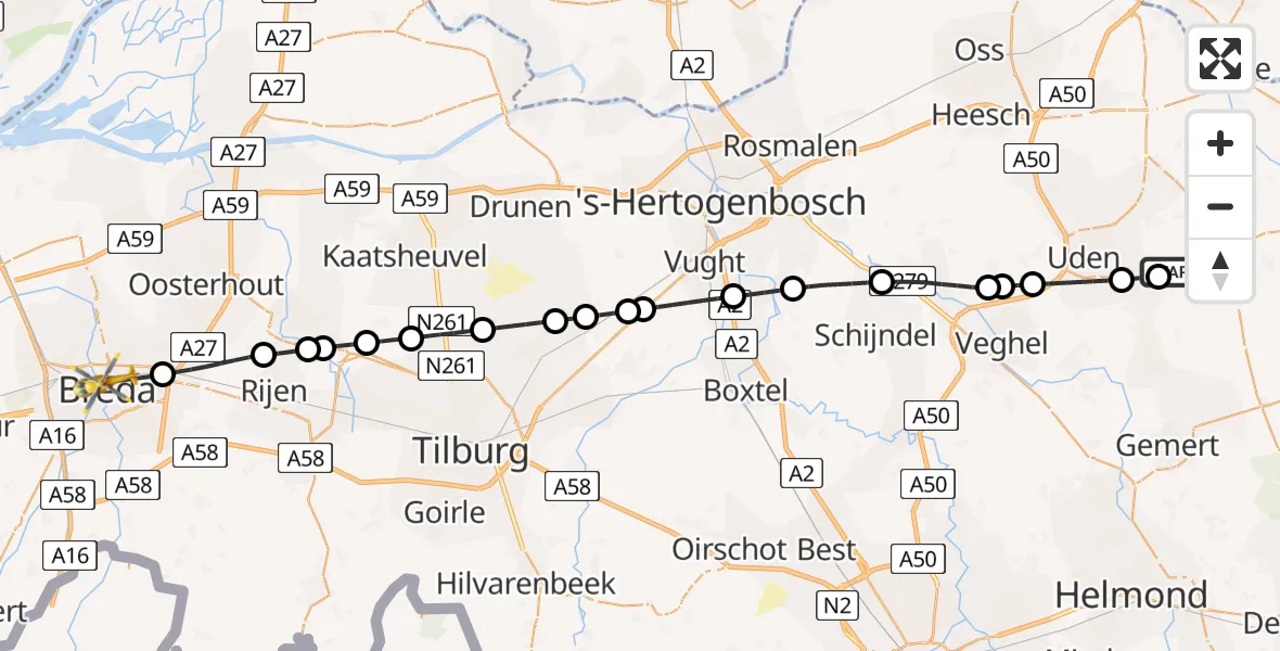 Vluchtroute Traumahelikopter Vliegbasis Volkel - Breda, 18 mei 2026, 08:27