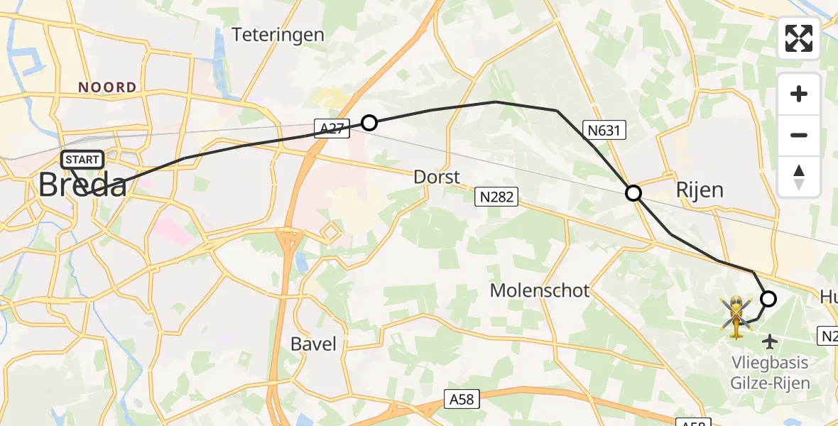 Vluchtroute Traumahelikopter Breda - Vliegbasis Gilze Rijen, 18 mei 2026, 09:19