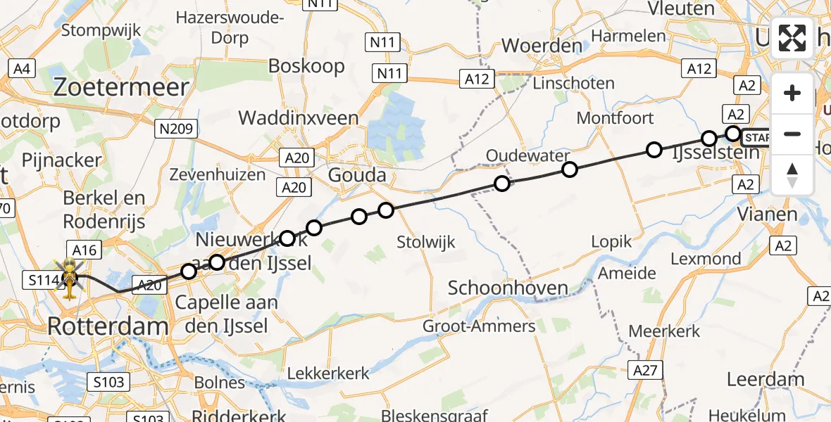 Vluchtroute Traumahelikopter Nieuwegein - Rotterdam The Hague Airport, 18 mei 2026, 09:27