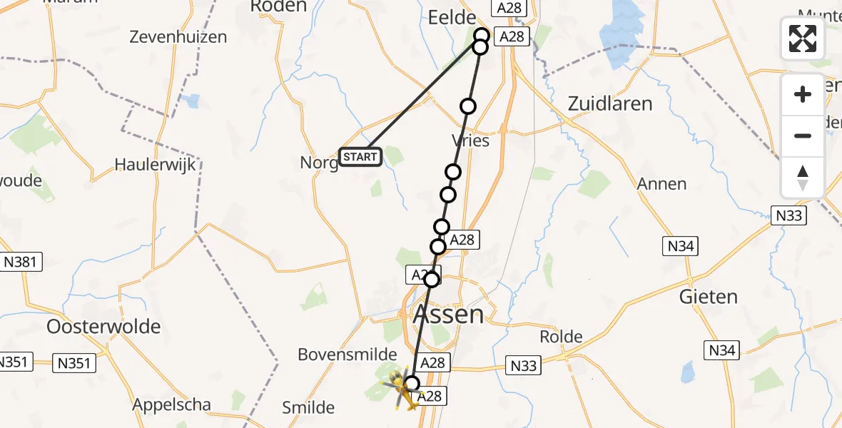 Vluchtroute Traumahelikopter Norg - TT Circuit Assen Helipad, 18 mei 2026, 09:42