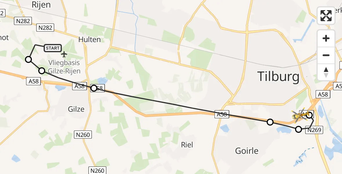 Vluchtroute Traumahelikopter Vliegbasis Gilze Rijen - St. Elisabeth Hospital Heliport, 18 mei 2026, 09:44