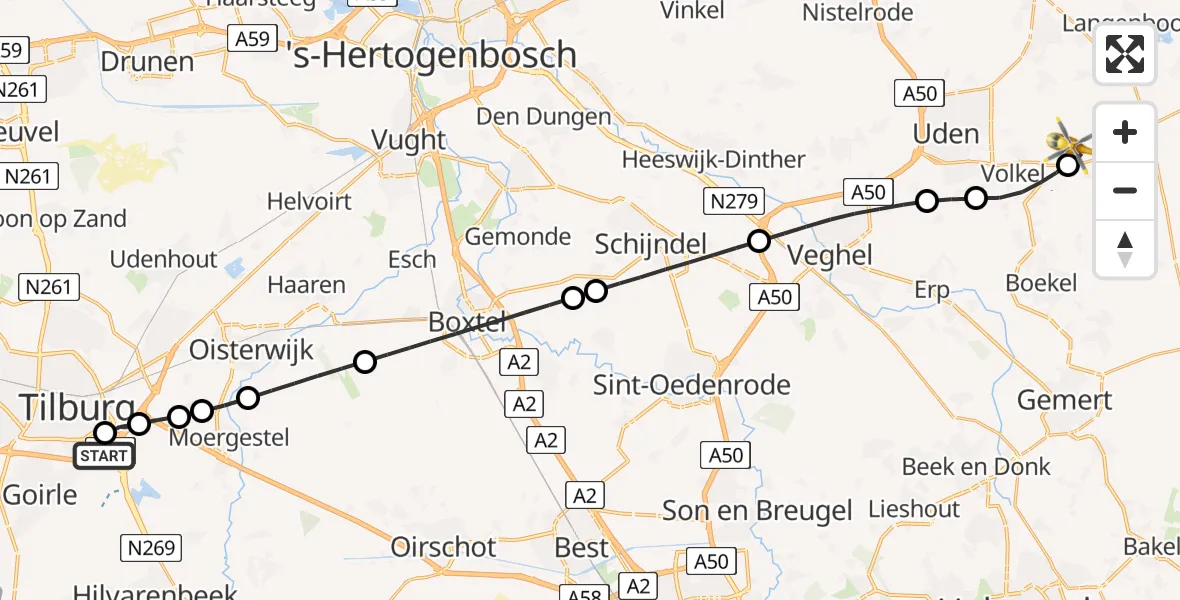 Vluchtroute Traumahelikopter St. Elisabeth Hospital Heliport - Vliegbasis Volkel, 18 mei 2026, 10:07