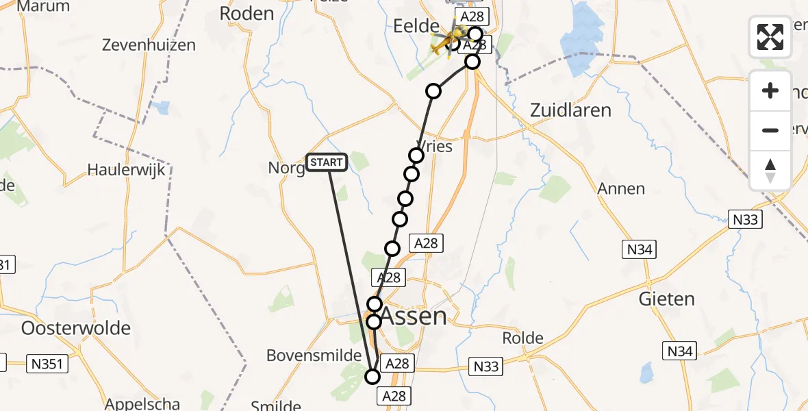 Vluchtroute Traumahelikopter Norg - Groningen Airport Eelde, 18 mei 2026, 10:22